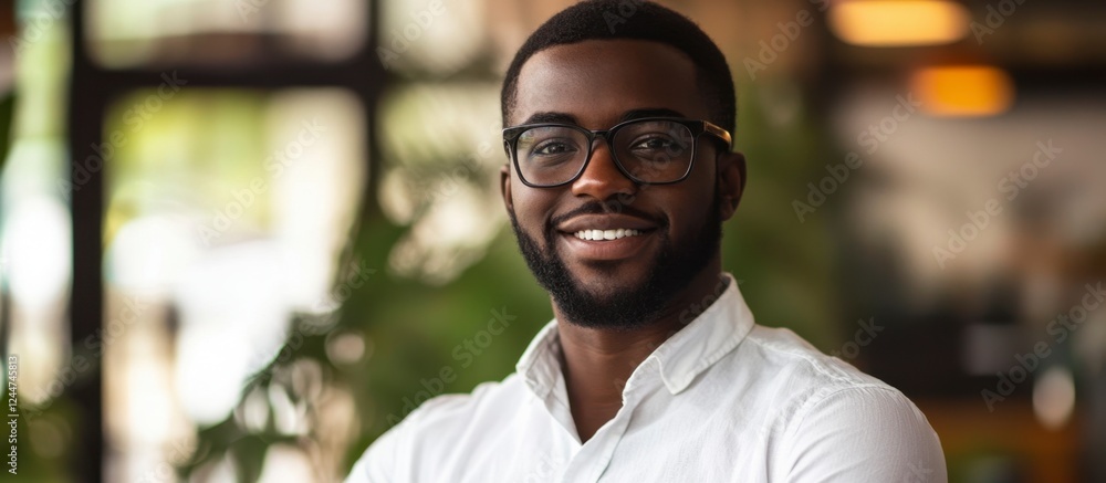 Smiling African businessman portrait with eyeglasses in modern office. Smiling African businessman portrait with eyeglasses in modern office.