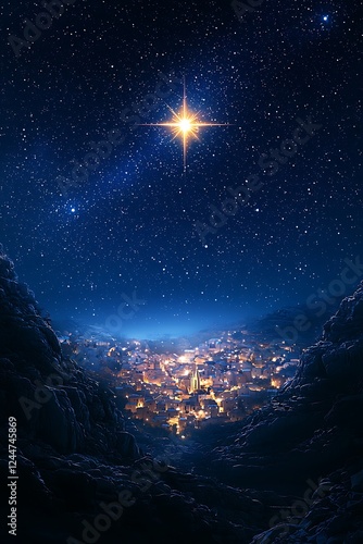 Christmas star illuminating the city of Bethlehem, set against a beautiful dark blue starry sky, creating a captivating nativity story backdrop.