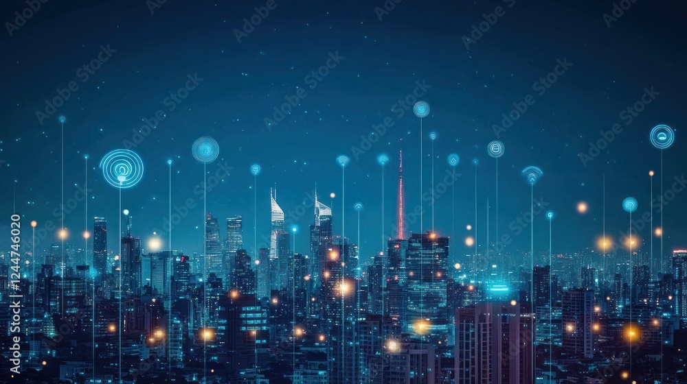 Digital Cityscape at Night Highlighting a Futuristic Internet of Things Network Digital Cityscape at Night Highlighting a Futuristic Internet of Things Network