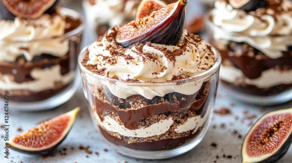 Close-up of chocolate trifle with fig slices, whipped buttercream, and cocoa powder garnish, served in a transparent dessert cup. Close-up of chocolate trifle with fig slices, whipped buttercream, and cocoa powder garnish, served in a transparent dessert cup.