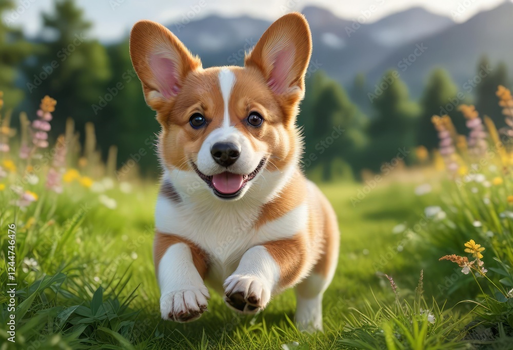 Pembroke Welsh Corgi puppy running freely in meadow, space, welsh corgi pembroke Pembroke Welsh Corgi puppy running freely in meadow, space, welsh corgi pembroke
