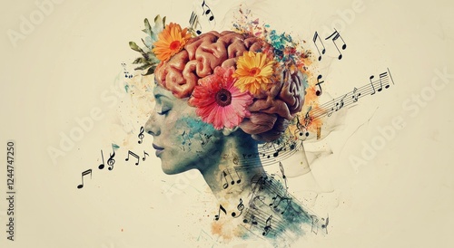 Conceptual illustration depicting the fusion of creativity and intellect, showcasing a woman s head adorned with flowers and musical notes, symbolizing the connection between nature and music