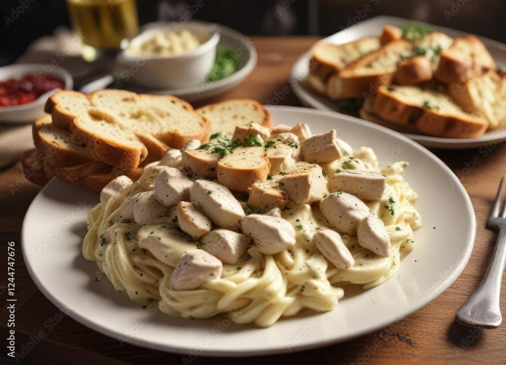 Plate of steaming hot chicken Alfredo with garlic bread on the side, warm and inviting, alfredo sauce, garlic bread Plate of steaming hot chicken Alfredo with garlic bread on the side, warm and inviting, alfredo sauce, garlic bread