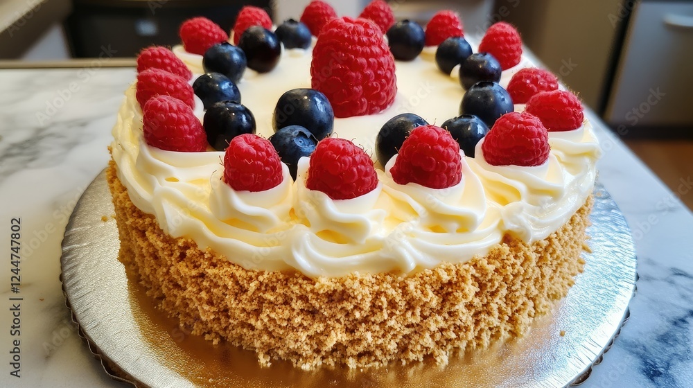 Elegant meringue cake with a golden crust and soft whipped cream, decorated with fresh raspberries and blueberries, perfect for a summer dessert. Elegant meringue cake with a golden crust and soft whipped cream, decorated with fresh raspberries and blueberries, perfect for a summer dessert.