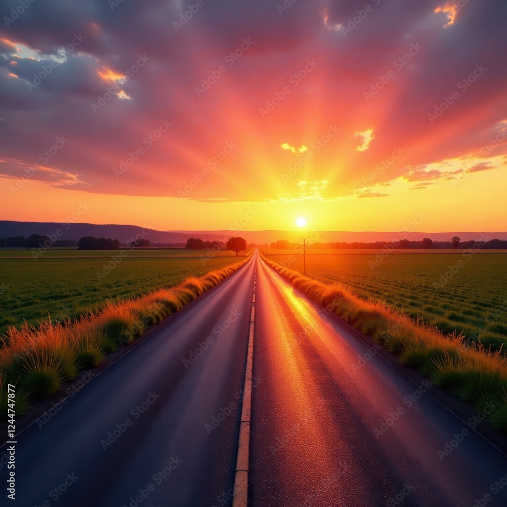 Naklejka premium Long country road stretches into a vibrant spring sunset , shadows, dusk, way