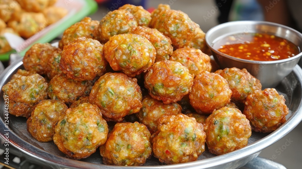 Freshly made mung bean pancakes bindaetteok served with a dipping sauce on the side. Freshly made mung bean pancakes bindaetteok served with a dipping sauce on the side.