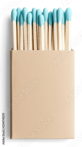 Blank beige matchbook with light blue matches against white background