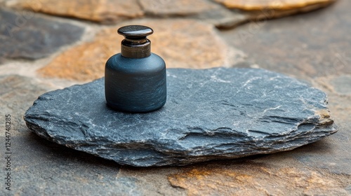 Dark gray bottle on slate rock outdoors, natural setting photo