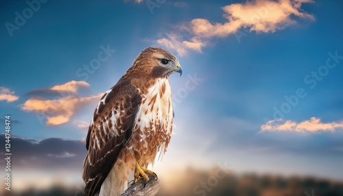 Striking Portrait of a Redtailed Hawk Perched on a Stick Against Autumnal Backdrop, Showcasing Majestic Beauty and Vibrant Landscape. photo