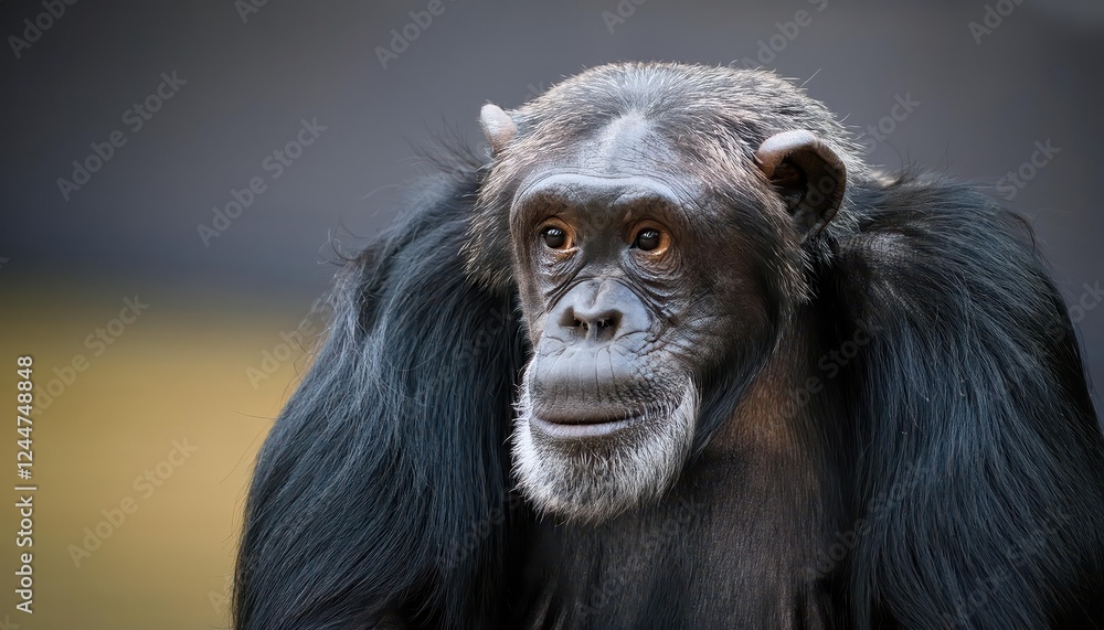 Striking Reflexive Bonobo Ape pan paniscus in a Lush Forest Environment, Captured at Twilight with Vibrant Greens and Golden Light Filtering Through Striking Reflexive Bonobo Ape pan paniscus in a Lush Forest Environment, Captured at Twilight with Vibrant Greens and Golden Light Filtering Through