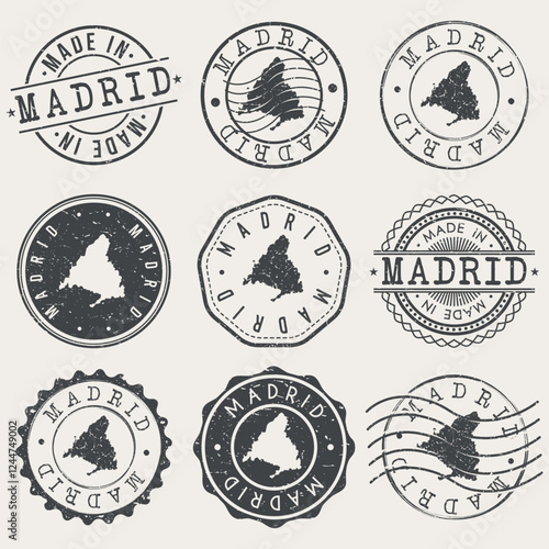 Madrid, Spain Set of Stamps. Country Travel Marks. Made In Product. Design Seals Old Style Insignia.