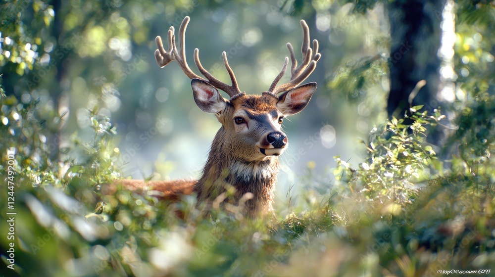 Fototapeta premium Majestic deer in sunlit forest, wildlife scene