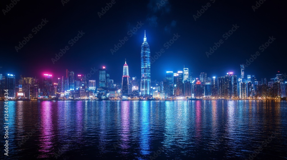 Vibrant City Nightscape with Colorful Lights Reflected in Water Vibrant City Nightscape with Colorful Lights Reflected in Water