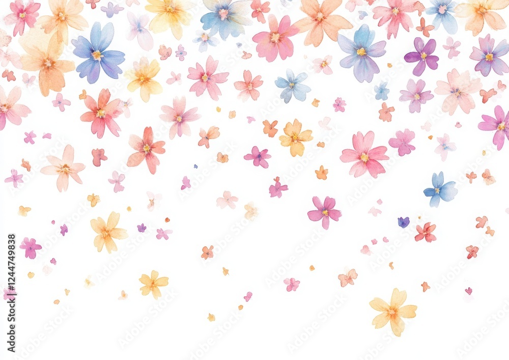 Pastel Flower Shower: Delicate watercolor flowers in soft pastel hues cascade down, creating a whimsical and romantic floral shower. Perfect for spring or summer designs. Pastel Flower Shower: Delicate watercolor flowers in soft pastel hues cascade down, creating a whimsical and romantic floral shower. Perfect for spring or summer designs.