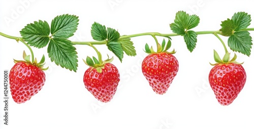Strawberry Vine Delight: Four ripe, juicy strawberries hang from a vibrant green vine, showcasing their glistening texture and inviting color. 