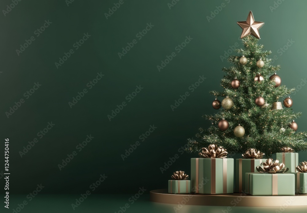 Elegant Christmas Decor: A beautifully decorated Christmas tree stands adorned with gold and green ornaments. Elegant Christmas Decor: A beautifully decorated Christmas tree stands adorned with gold and green ornaments.