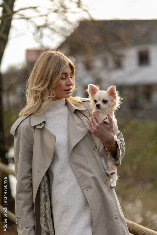 Obraz premium Woman with Chihuahua enjoys a leisurely stroll in a tranquil park setting during autumn