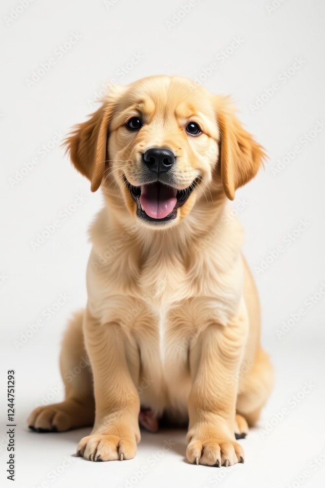 Fototapeta premium Smiling golden retriever puppy sitting on white , stock photo, dog portrait, mammal