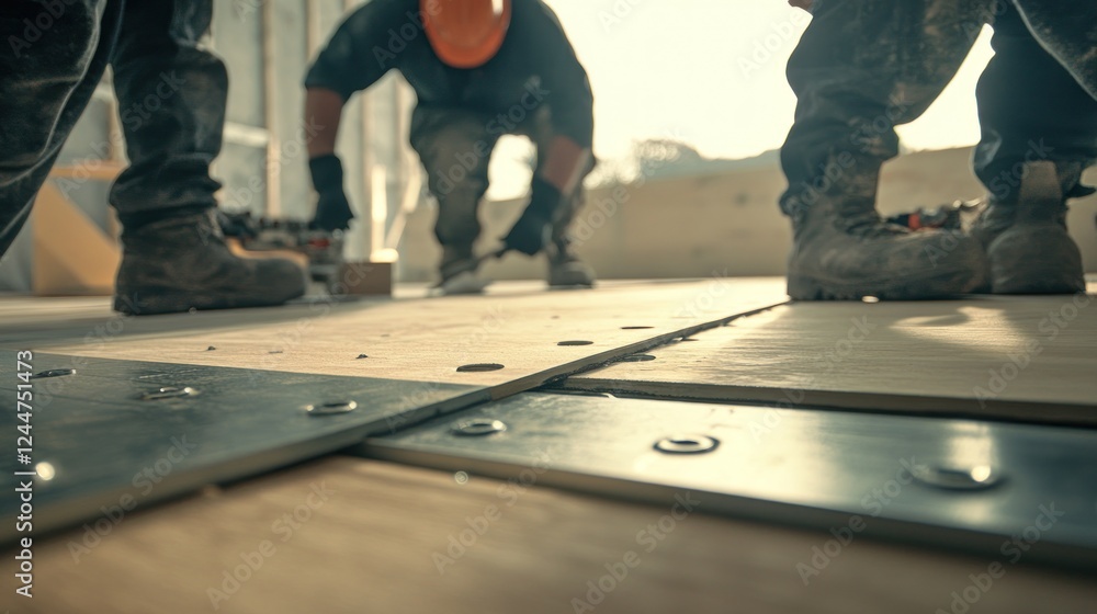 Obraz premium Construction workers installing flooring panels.