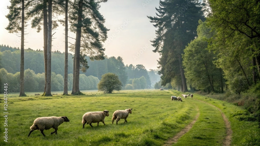 Fototapeta premium Sheep walk through a tranquil meadow surrounded by tall trees, peaceful atmosphere, wildlife photography, rural setting, farm life