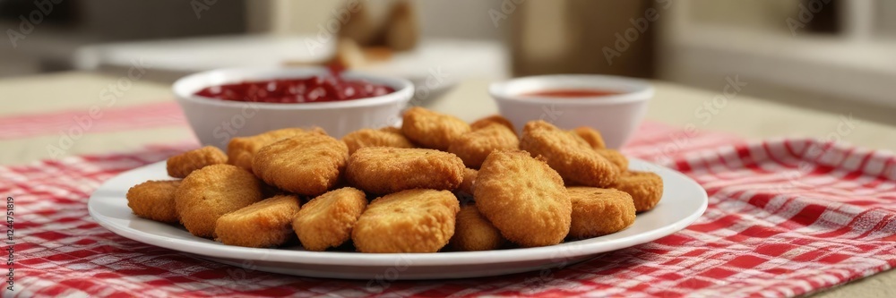Side view of plate with multiple chicken nuggets and dipping sauce on a tablecloth, food platter, Side view of plate with multiple chicken nuggets and dipping sauce on a tablecloth, food platter,