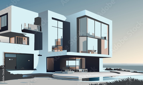 Bright modern minimalist house on the beach. Vector graphics