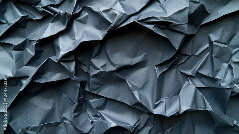 Obraz premium Crumpled gray paper texture, showcasing folds and shadows for graphic design use.