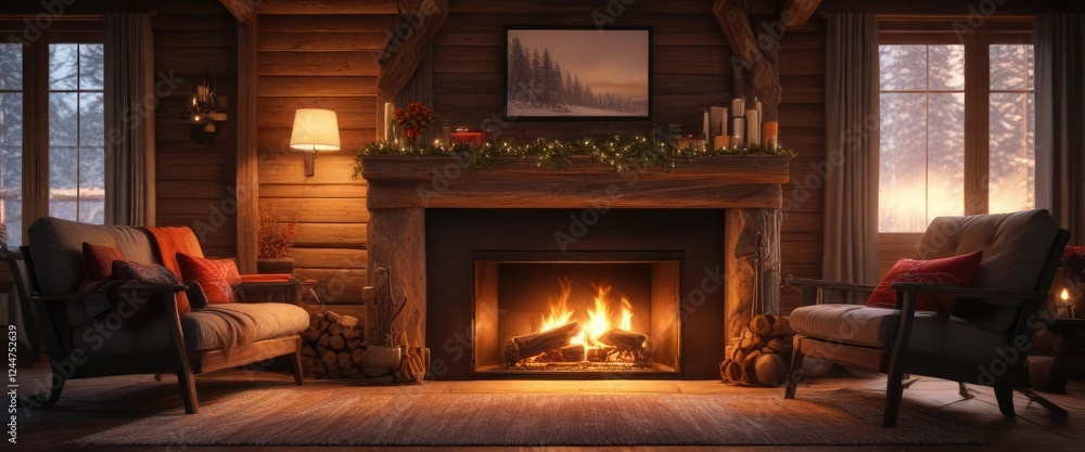 Sleigh in front of a warm fireplace with a cozy cabin backdrop, winter warmth, cozy cabin, holly berries Sleigh in front of a warm fireplace with a cozy cabin backdrop, winter warmth, cozy cabin, holly berries