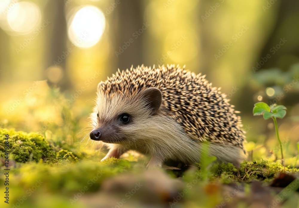 Hedgehog in Woodland: A tiny hedgehog with spiky brown and white fur, explores the mossy woodland floor under a golden sunlight, evoking the charm and innocence of nature's smallest wonders. Hedgehog in Woodland: A tiny hedgehog with spiky brown and white fur, explores the mossy woodland floor under a golden sunlight, evoking the charm and innocence of nature's smallest wonders.