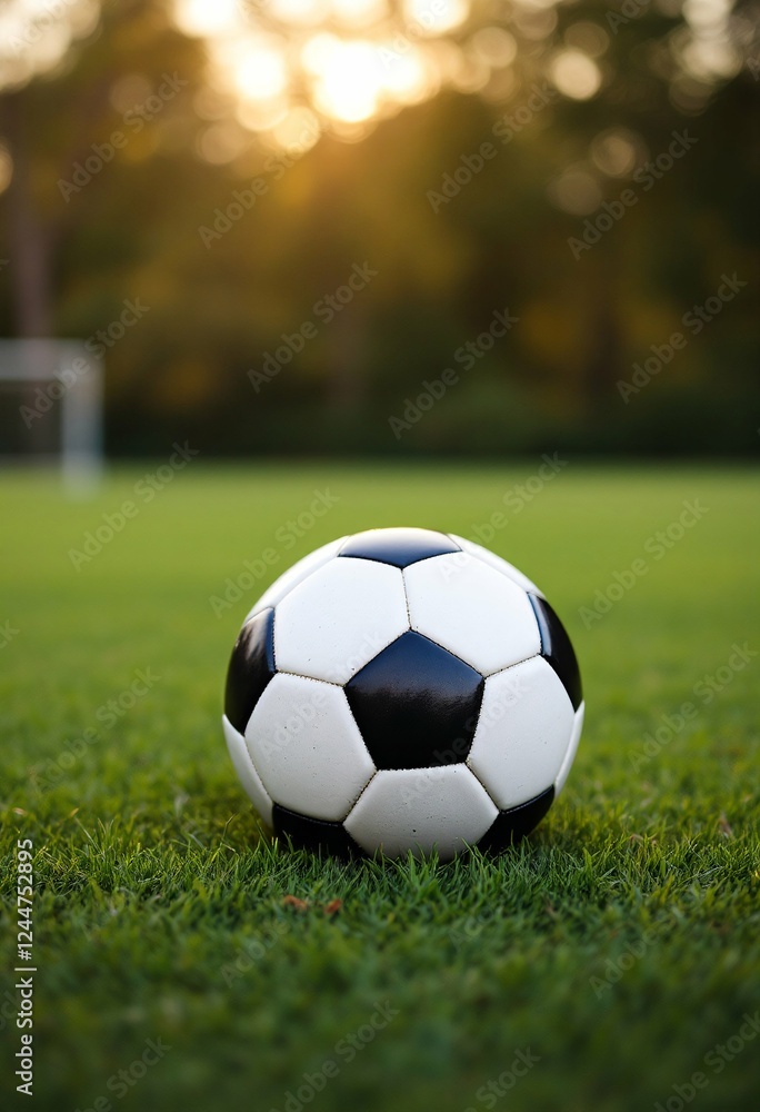 Obraz premium Soccer ball on green grass field at sunset. Classic black and white football on sports ground during golden hour. Athletic equipment for game with blurred goal in background