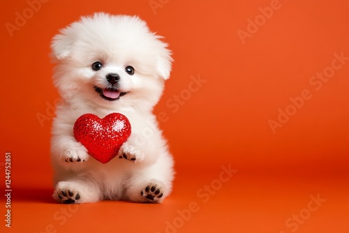 Cute bichon frise hound with sparkling rhinestones red heart - emblem of love, funny greeting card. Commercial conceptual art. Bichon frise - my cherished dog. Romantic puppy moments. Pet love. photo