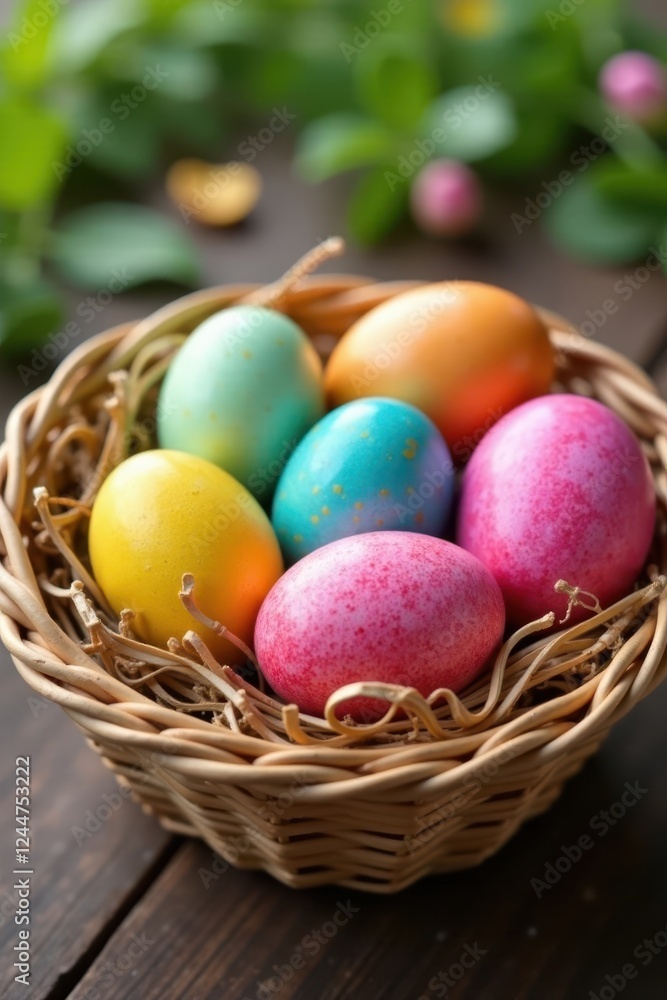 Vibrant dyed eggs, nestled together in a spring basket , festive, candy, spring Vibrant dyed eggs, nestled together in a spring basket , festive, candy, spring