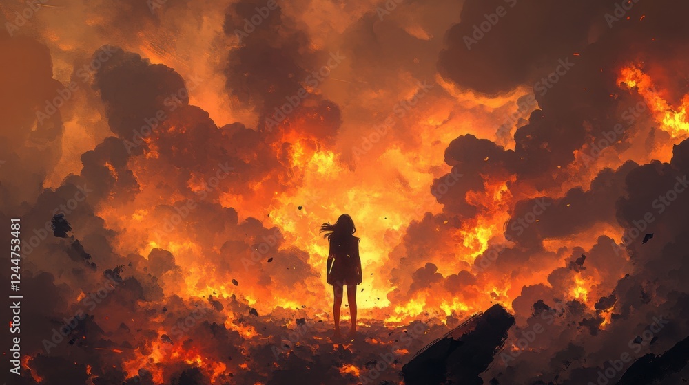 Fototapeta premium A Solitary Figure Amidst the Inferno: A lone woman stands amidst a fiery apocalyptic landscape, silhouetted against a backdrop of billowing smoke and flames.