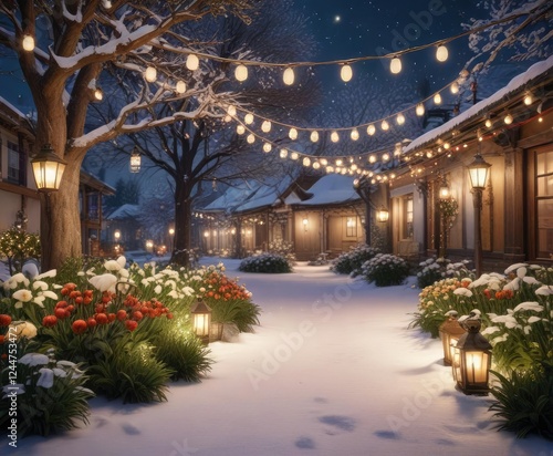Wallpaper Mural Snow-covered garden with festive lanterns and lights, lanterns, festive decor Torontodigital.ca