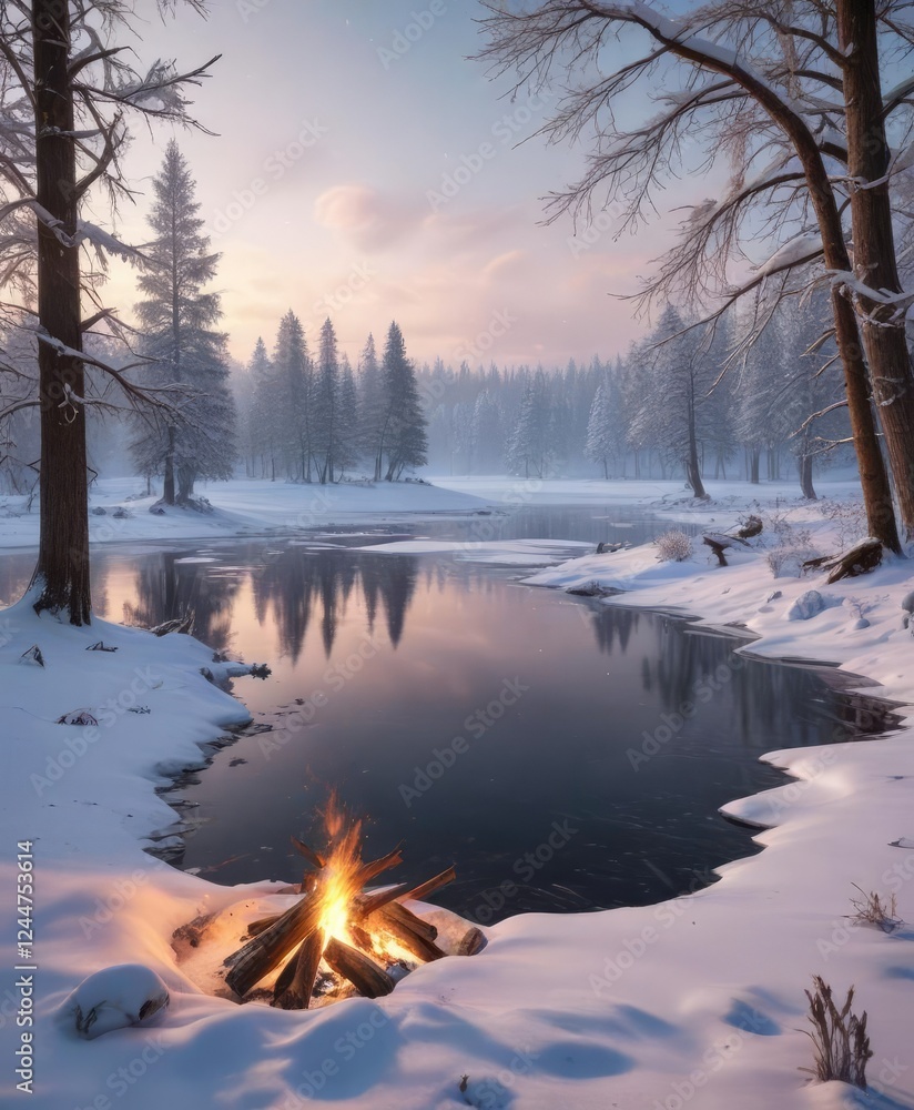 Fototapeta premium Snow-covered trees and a frozen lake in the background with a crackling fire in front of it on Christmas Eve, crackling fire, snow covered trees