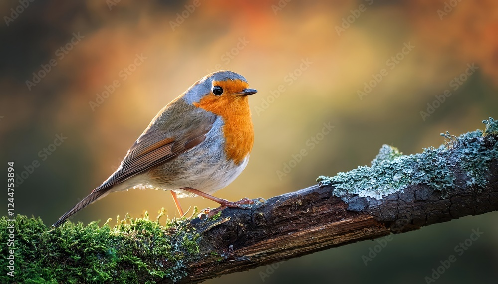 Vibrant Robin Perched on Autumn Branch in a Tranquil Forest Glade, Capturing the Essence of Natures Beauty and Serenity Vibrant Robin Perched on Autumn Branch in a Tranquil Forest Glade, Capturing the Essence of Natures Beauty and Serenity