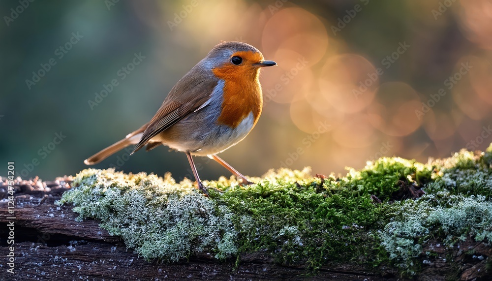 Striking Closeup of a Robin Erithacus rubecula, with Red Breast Feathers Glowing against a Dappled Green Backdrop, Captured at Twilight on January, Striking Closeup of a Robin Erithacus rubecula, with Red Breast Feathers Glowing against a Dappled Green Backdrop, Captured at Twilight on January,