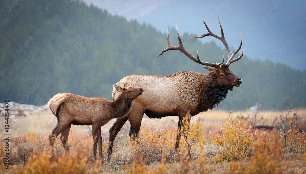 Majestic Bull Elk Grazing with a Cow amidst Autumn Rain in the Rocky Mountains, Capturing the Serene Beauty of Natures Majesty. Majestic Bull Elk Grazing with a Cow amidst Autumn Rain in the Rocky Mountains, Capturing the Serene Beauty of Natures Majesty.
