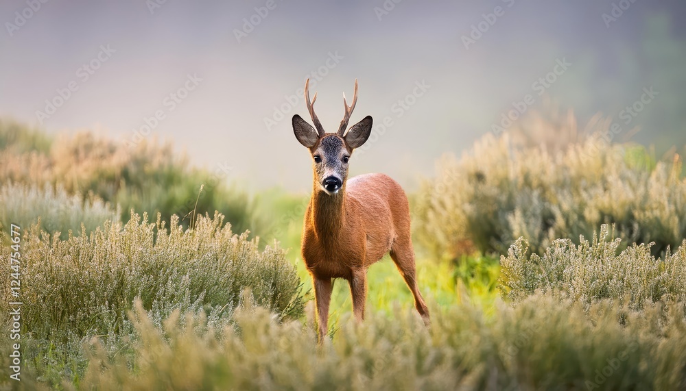 Majestic Roe Deer Buck Caught in Winters Soft Twilight Glow, Frost Covered Forest Backdrop Majestic Roe Deer Buck Caught in Winters Soft Twilight Glow, Frost Covered Forest Backdrop