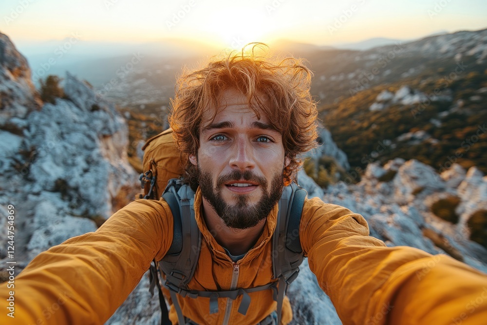 Adventurer at Sunrise on Mountain Peak with Scenic View Adventurer at Sunrise on Mountain Peak with Scenic View
