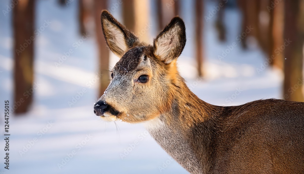 Striking Roe Deer Portrait in a Winter Forest, Captured amidst SnowCovered Branches and Frosty Air, Evoking a Peaceful and Serene Mood. Striking Roe Deer Portrait in a Winter Forest, Captured amidst SnowCovered Branches and Frosty Air, Evoking a Peaceful and Serene Mood.