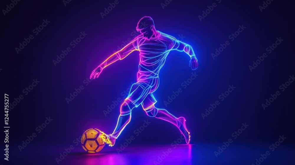 Neon outline of a soccer player kicking a ball. Neon outline of a soccer player kicking a ball.