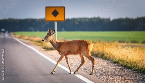 Striking Roe Deer, Capreolus Capreolus, Crosses Busy Roadscape Against a Winter Backdrop, Showcasing Autumnal Tones and Rich Textures Amidst a SnowDusted Landscape photo