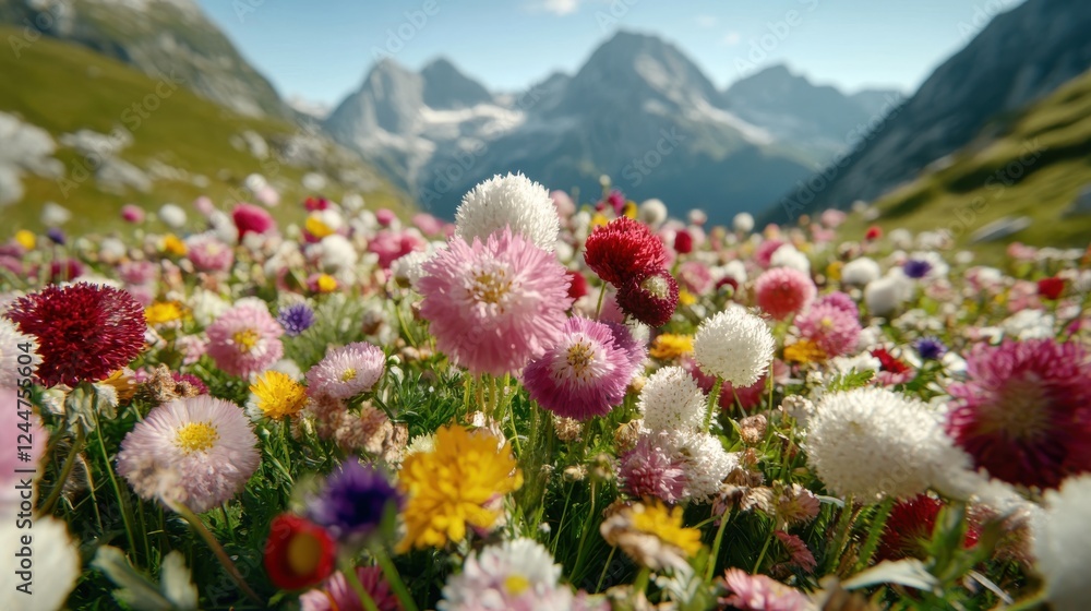 Fototapeta premium A field of flowers with a mountain in the background