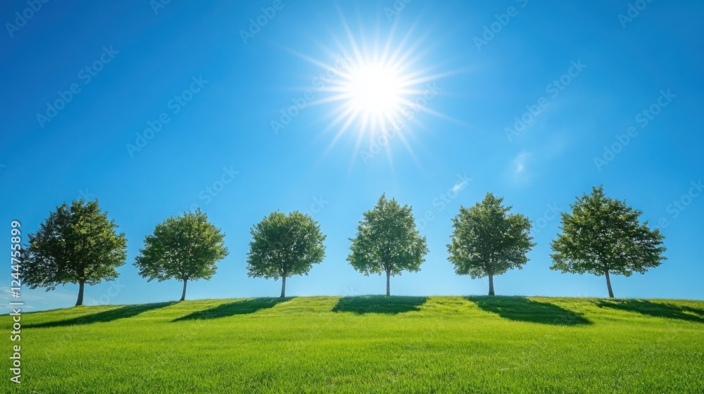 Obraz premium Sunlight Illuminates a Row of Trees: A serene and minimalist landscape featuring six trees standing in a row on a lush green meadow, with the sun shining brightly in the clear blue sky.