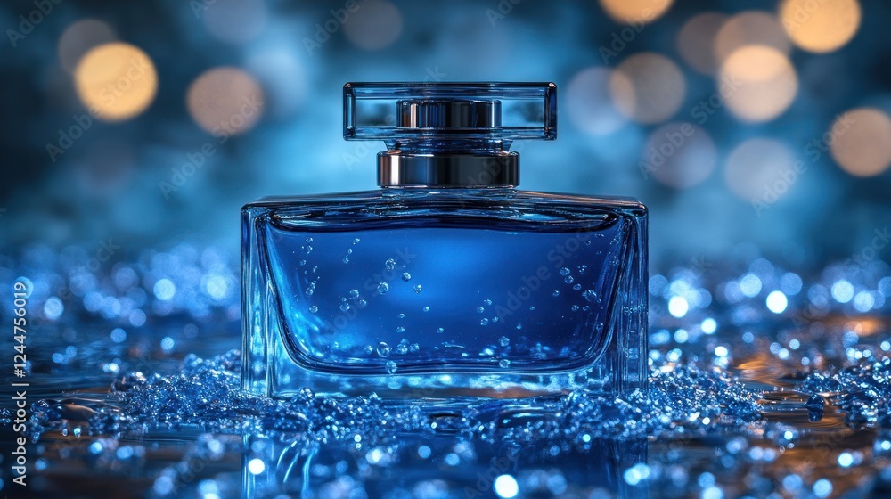 Elegant Blue Perfume Bottle on Reflective Surface with Bokeh Background Elegant Blue Perfume Bottle on Reflective Surface with Bokeh Background