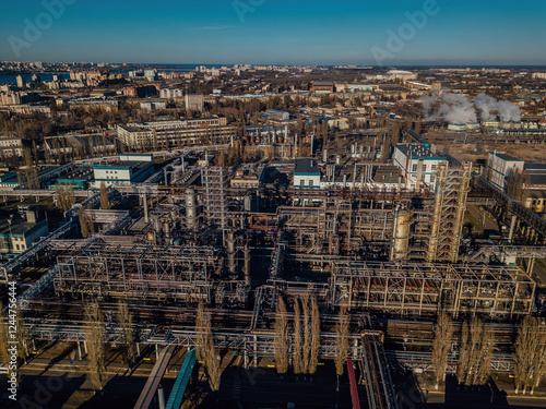 Chemical factory, drone aerial view photo