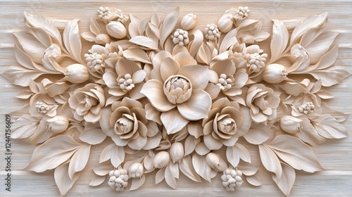 Fototapeta Naklejka Na Ścianę i Meble -  Elegant carved floral arrangement, beige wood background, home decor, wall art