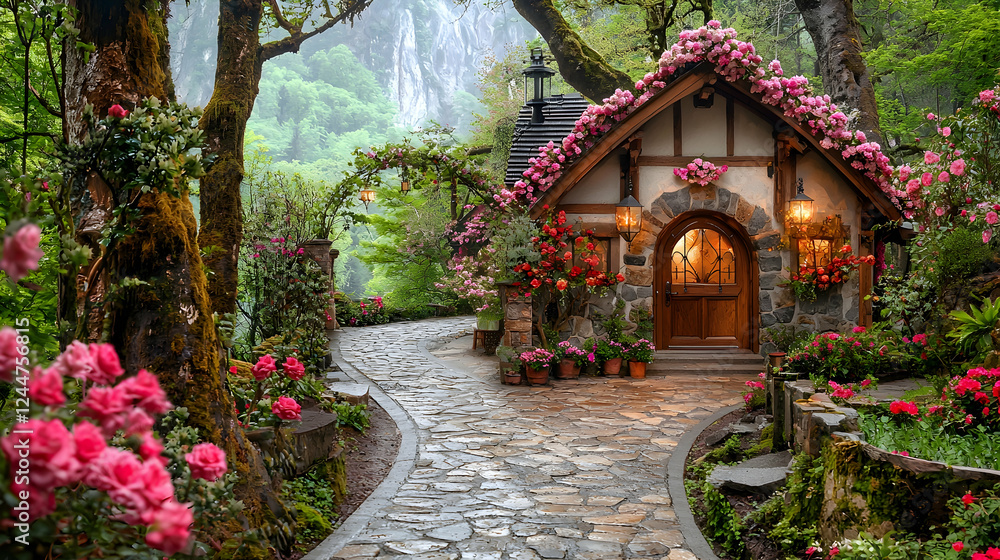Fototapeta premium Fairytale rose cottage, lush garden, waterfall background; tourism