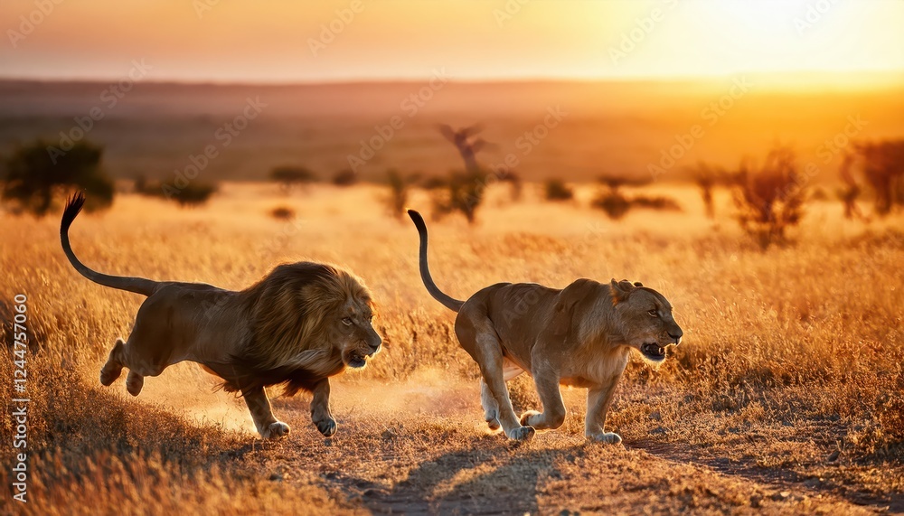 Majestic Running Lions under the Radiant Sunset in an African Savannah, Majestically Capturing the Magnificence of the Big Five Wildlife Safari Majestic Running Lions under the Radiant Sunset in an African Savannah, Majestically Capturing the Magnificence of the Big Five Wildlife Safari